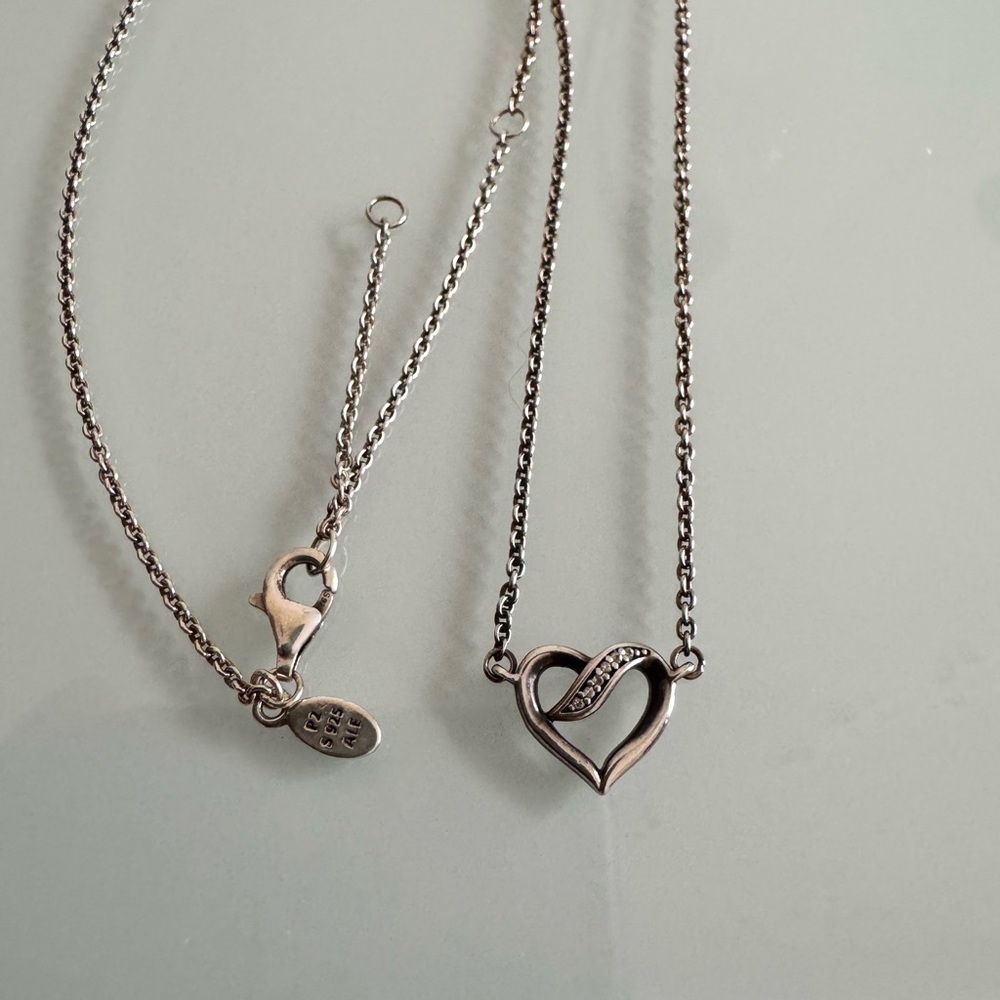 Pandora 925 Sterling Silver Ribbons of Love Open Heart CZ Crystal Necklace